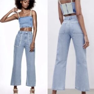 Zara High Rise Tweed Trim Jewel Button Crop Wide Leg Light Wash Jeans Size 6 Y2K